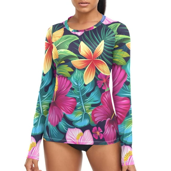 joogoo Womens UPF 50+ Rash Guard Tropical Flowers Long Sleeve UV Protection Sun Shirts Tops S