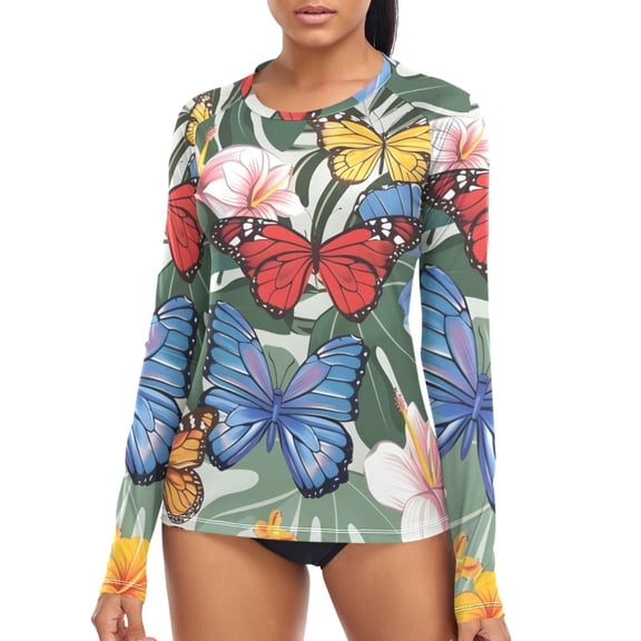 joogoo Womens UPF 50  Sun Shirts Tropical Leaves Butterflies Long Sleeve UV Protection Rash Guard Tops L