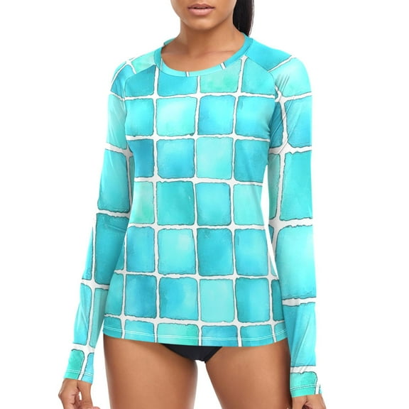 joogoo Womens UPF 50  Sun Shirts Turquoise Checkered Long Sleeve UV Protection Rash Guard Tops L