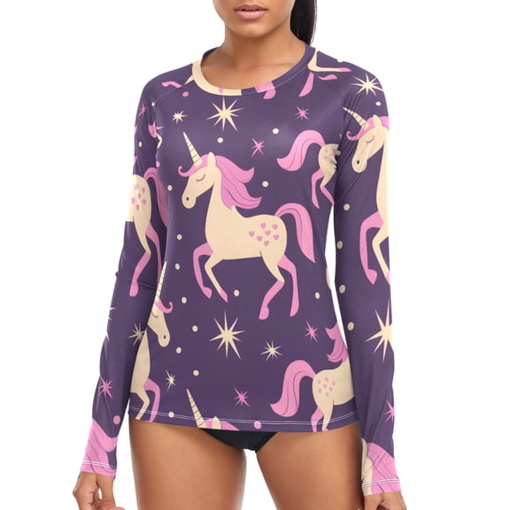 joogoo Womens UPF 50+ Rash Guard Unicorn and Stars Long Sleeve UV Protection Sun Shirts Tops M