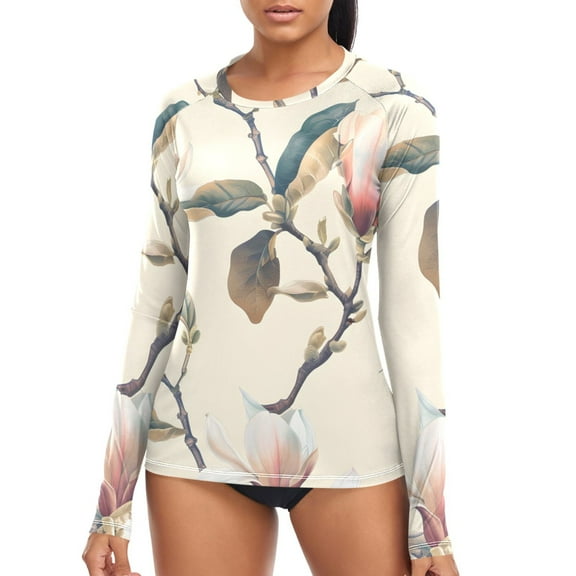joogoo Womens UPF 50+ Sun Shirts Vintage Magnolia and Butterflies Long Sleeve UV Protection Rash Guard Tops S