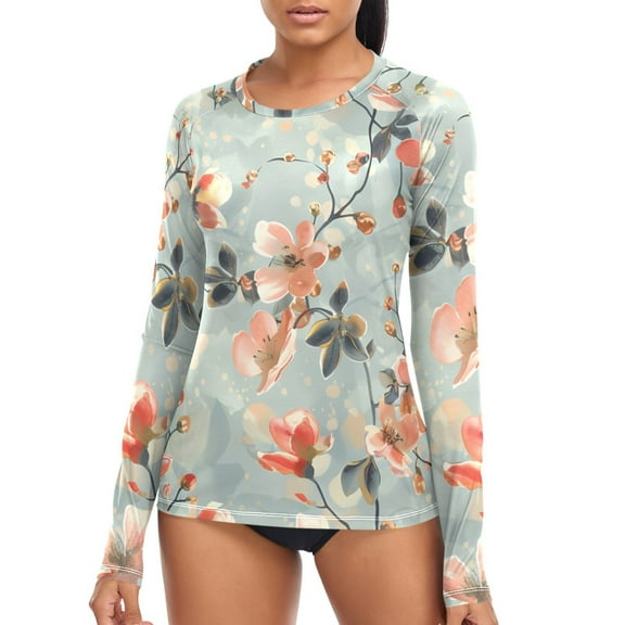 joogoo Womens UPF 50 Rash Guard Watercolor Flower Long Sleeve UV Protection Sun Shirts Tops L