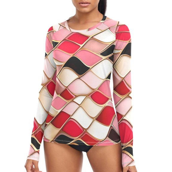 joogoo Womens UPF 50+ Rash Guard Wavy Checkered Grid Pattern Long Sleeve UV Protection Sun Shirts Tops XS