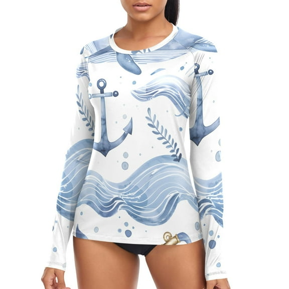 joogoo Womens UPF 50  Sun Shirts Whale and Anchors Long Sleeve UV Protection Rash Guard Tops XL