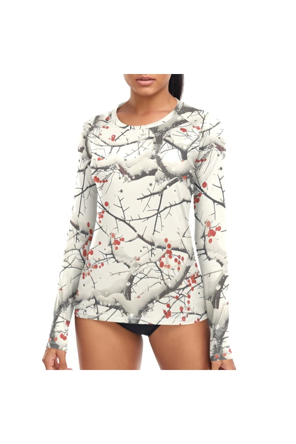 Womens UPF 50+ Sun Shirts Winter Cherry Floral Long Sleeve UV Protection Rash Guard Tops S