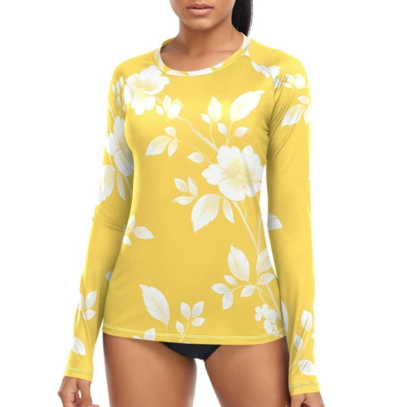 joogoo Womens UPF 50  Rash Guard Yellow Leaves Flower Long Sleeve UV Protection Sun Shirts Tops S