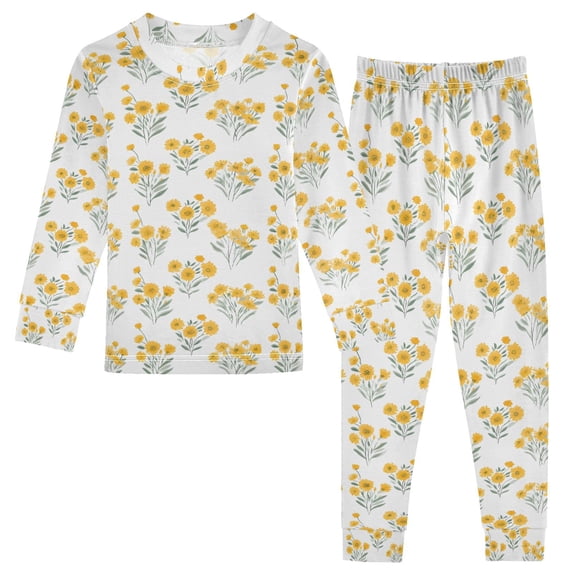 joogoo Yellow Floral 2 Piece Long Sleeve Tee and Pants Cotton Pajama Set 8Y