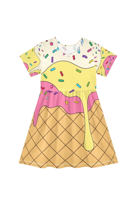 Yellow Ice Cream Girls' Short Sleeve Dress Kids Dresses 5-6T