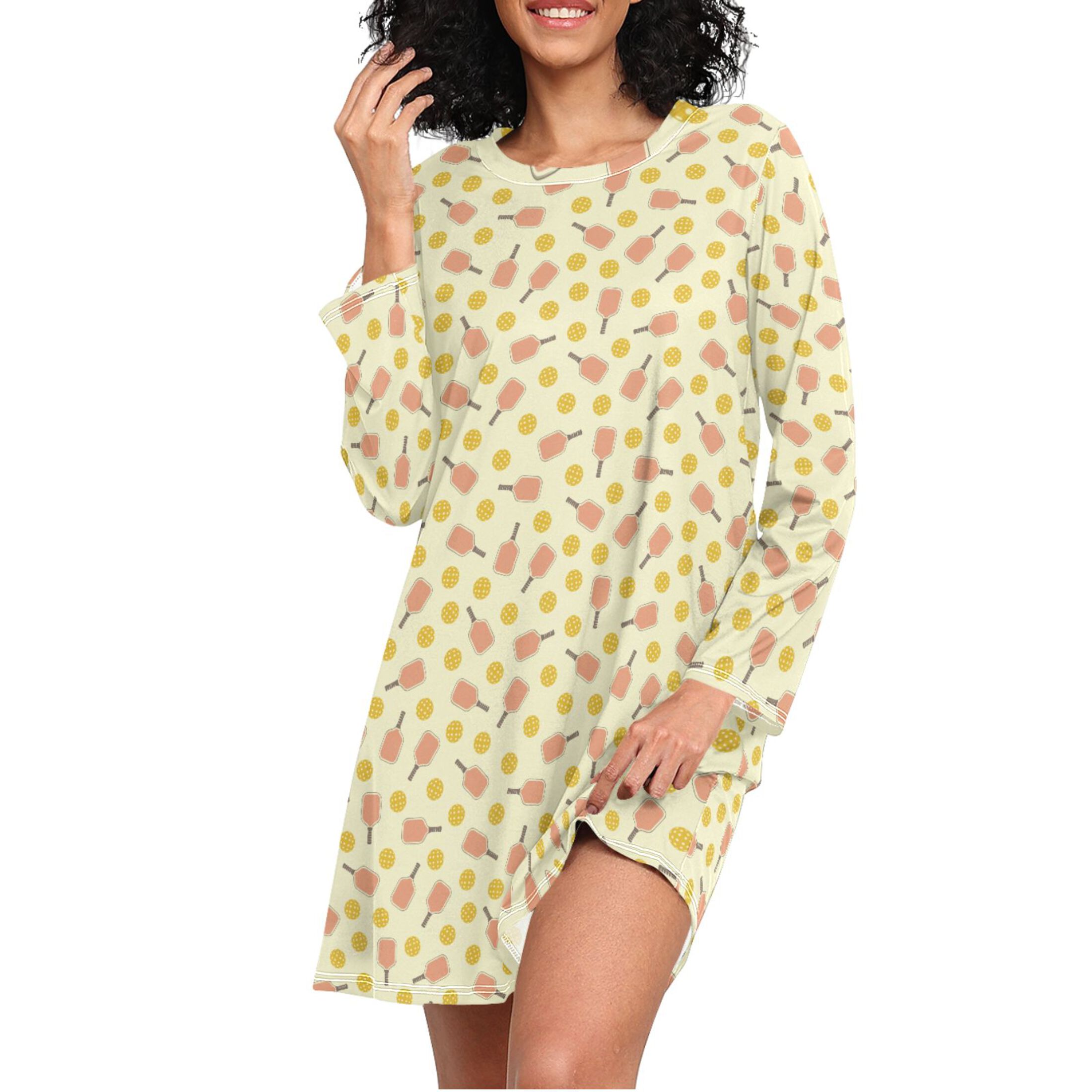 joogoo Yellow Pickleball Balls Women's Long Sleeve Nightgown Sleepwear S