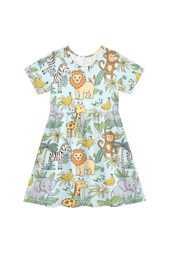 Zoo Elephant Monkey Giraffe Girls' Short Sleeve Dress Kids Dresses 3T