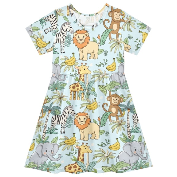 joogoo Zoo Elephant Monkey Giraffe Girls' Short Sleeve Dress Kids Dresses 5-6T