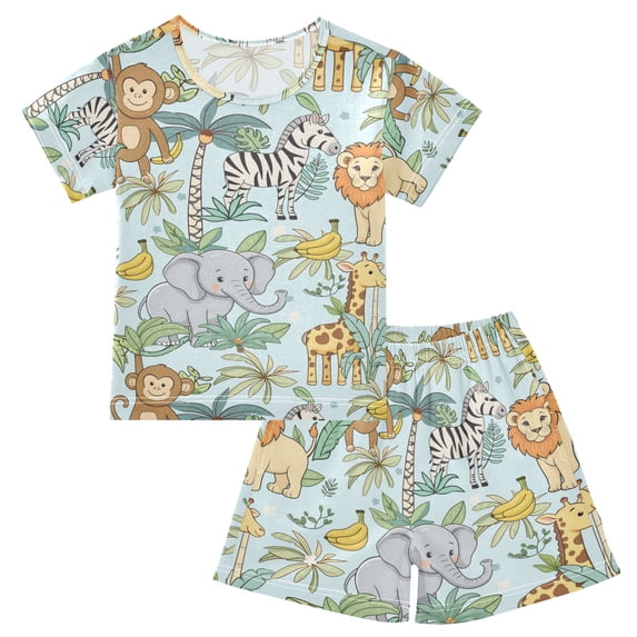 joogoo Zoo Elephant Monkey Giraffe Pattern Pajama Sets Short Sleeve Cotton 2-Piece Sleepwear 10Y