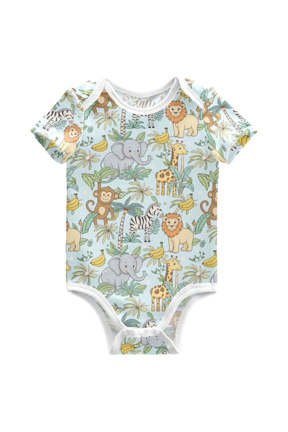 Zoo Elephant Monkey Giraffe Pattern Baby Bodysuits Short Sleeve Cotton Onesies Clothes 24Months