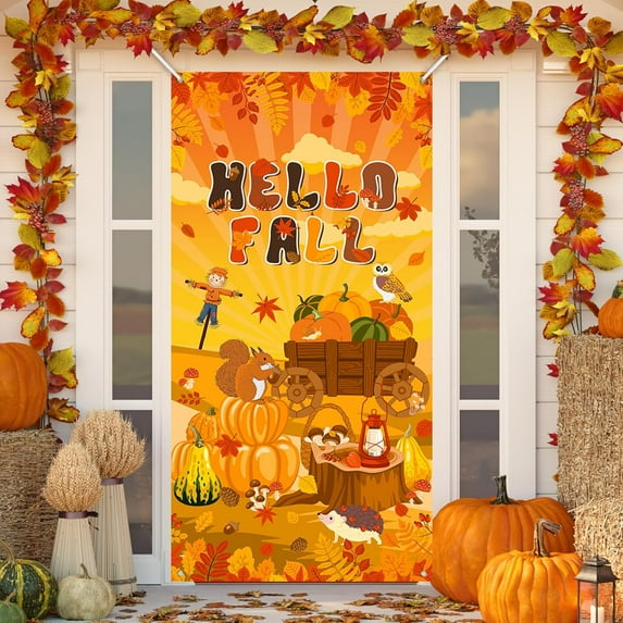 jopioc Fall Door Cover Autumn Pumpkin Maple Leaves Banners Hello Fall Door Decorations Thanksgiving Party Decorations Indoor Outdoor