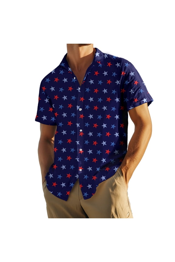4th of July Shirts for Men Flag Star Casual Button Down Beach Shirt Short Sleeve Holiday Tops for Travel