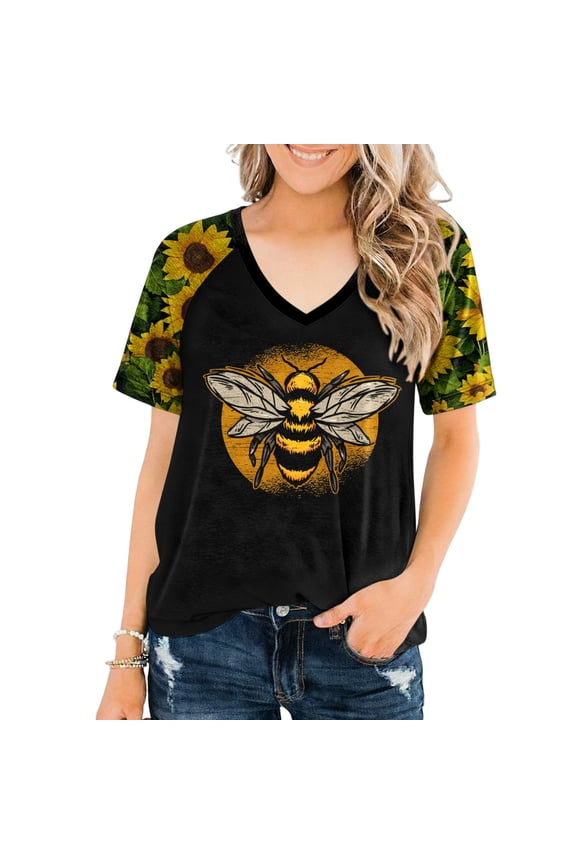 Bee Tshirt Women V Neck Sunflower Raglan Short Sleeve Spring Graphic Tees Summer Clothes for Travel