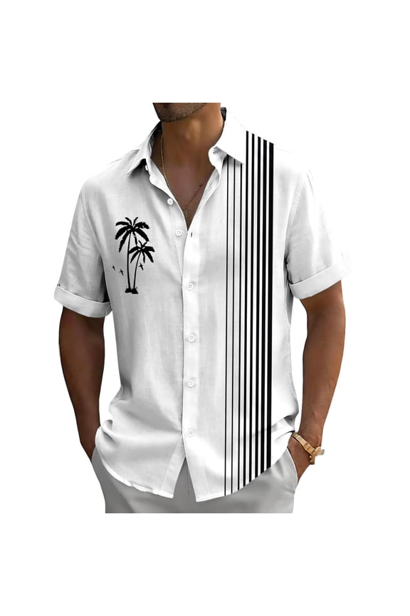 Bowling Shirts for Men Palm Tree Print Fashion Button Up Shirts Tropical Tops Short Sleeve for Beach