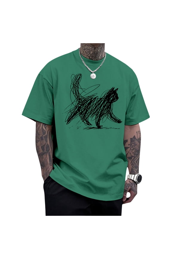 Cat Shirt Men Crew Neck Loose Fit Summer T Shirts Cotton Casual Tops for Traveling Dating Commuting