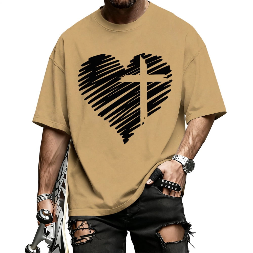 jowamay Christian Shirts for Men Heart Cross Oversized Short Sleeve ...