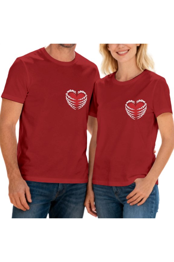 Couples Matching Shirts Skeleton Heart Short Sleeve Crew Neck Tee Holiday Casual Tops for Party Dating