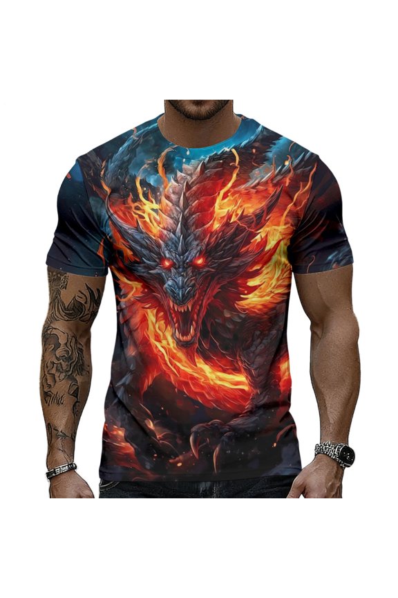 Dragon Tshirt Men Crew Neck Summer Graphic Tees Casual Pullover Tops Short Sleeve for Travel Dating Commuting