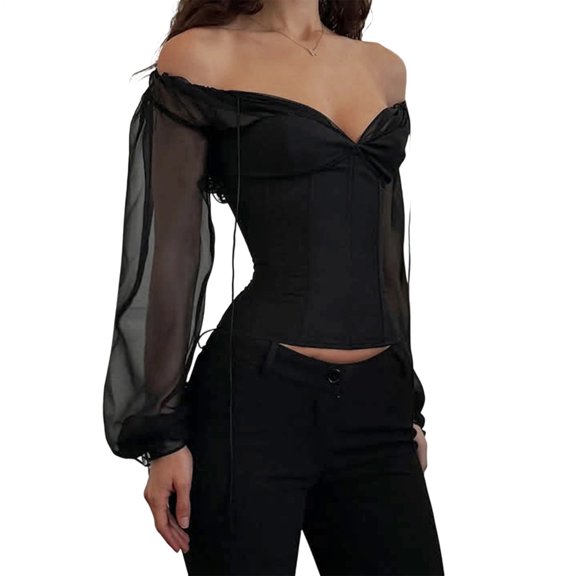 jowamay Going out Long Sleeve Tops Sweetheart Neck Sexy Mesh Sleeve Corset Going out Tops Bodysuit Shirts for Party