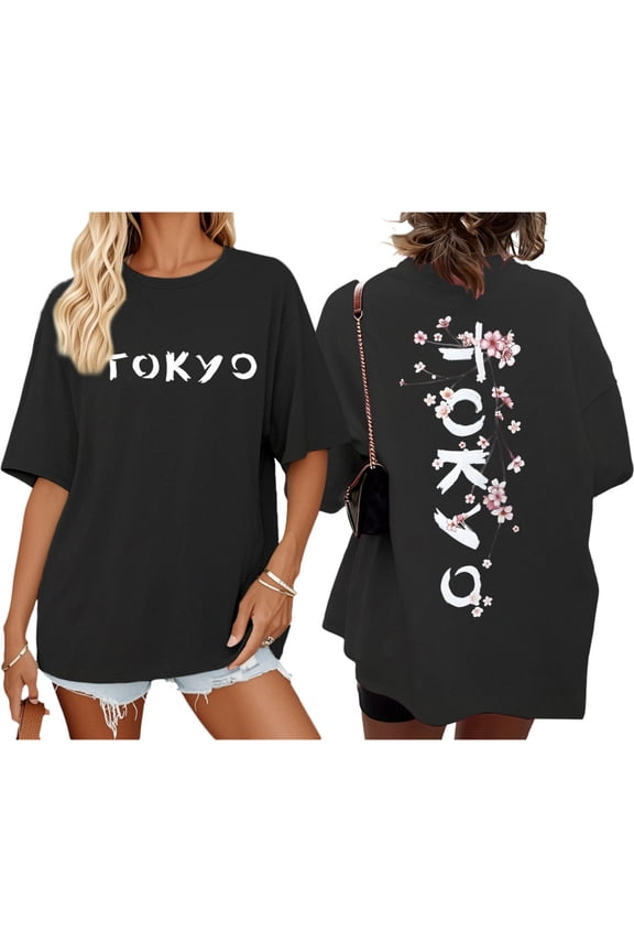 Japanese Tshirts Women Floral Tokyo Short Sleeve Oversized Crewneck Cotton Graphic Tees Summer Tops for Leisure