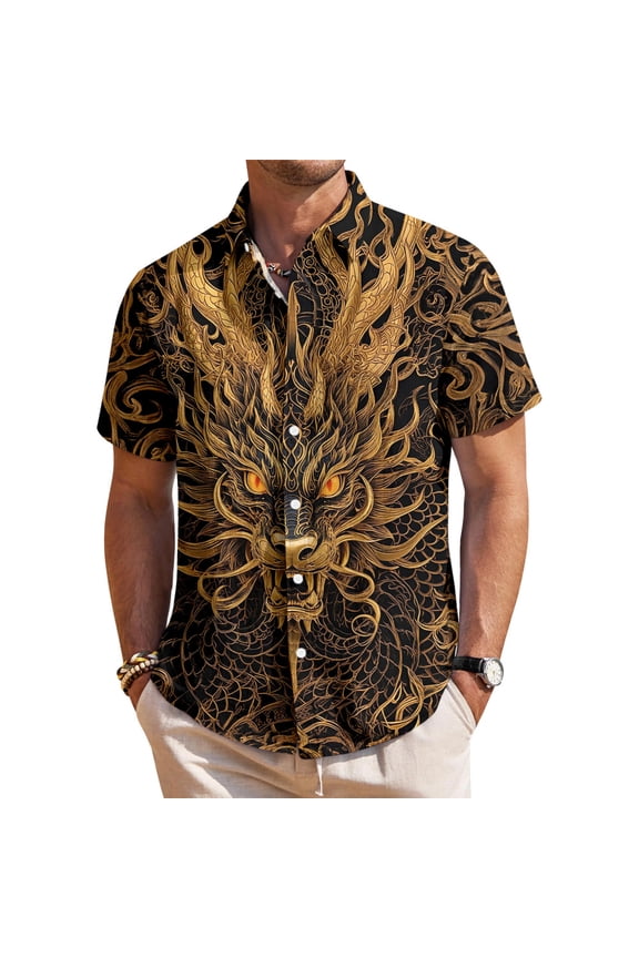 Men Hawaiian Shirt Koi Fish Dragon Tiger Casual Short Sleeve Chinese Style Summer Shirts for Vacation