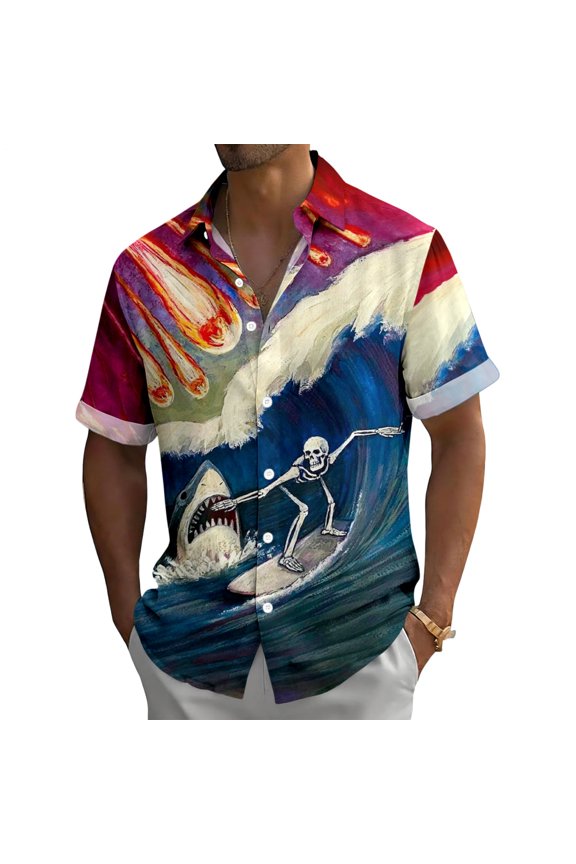 Men Hawaiian Shirt Skeleton Surfing Lapel Button Down Short Sleeve Beach Shirts Summer Tops for Travel