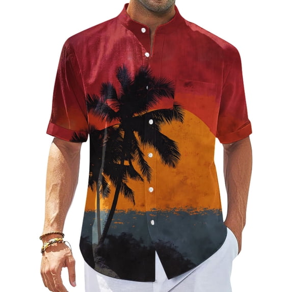 jowamay Men's Hawaiian Shirts Palm Tree Stand Collar Casual Summer Shirts Hawaiian Button Down Clothes Everyday Wear