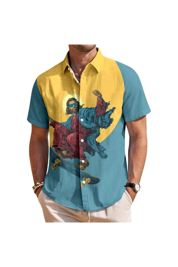 Mens Christian Button Down Shirts Jesus Print Casual Button Down Shirts Summer Collared Tops for Vacation