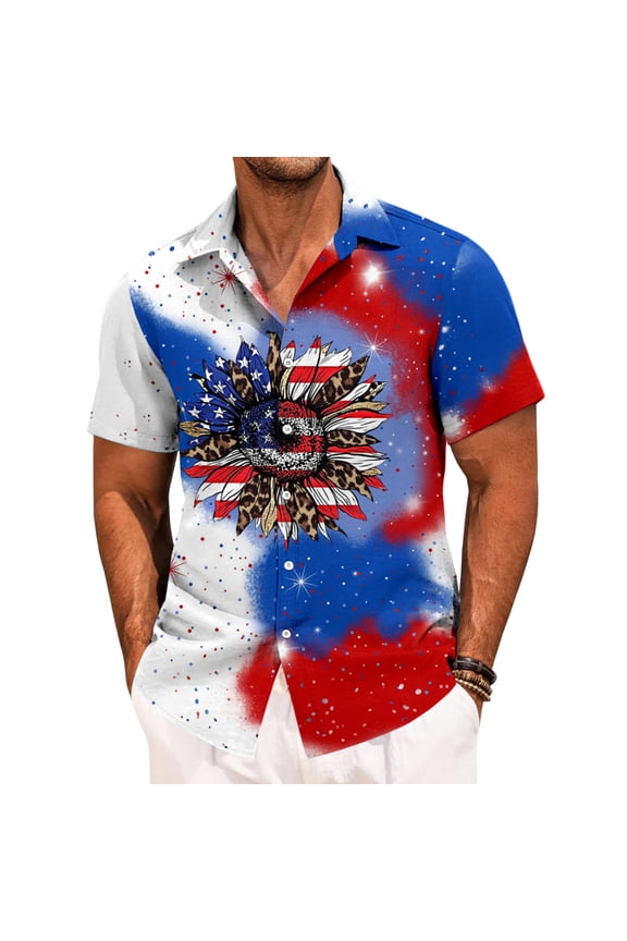 Mens Patriotic Button Down Shirts American Flag Casual Lapel Short Sleeve Button Up Beach Shirt for Vacation