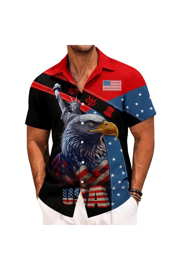 Mens Patriotic Button Up Shirt Eagle Print Independence Day American Flag Button Down Shirt for Daily
