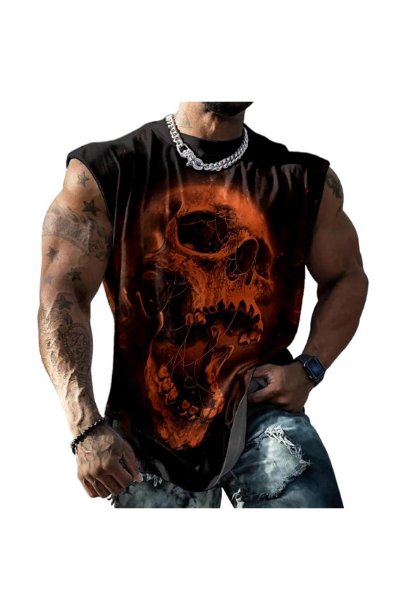 Mens Skull Tank Top Gothic Skull Print Workout Tank Top Sleeveless Muscle Tee for Beach Streetwear