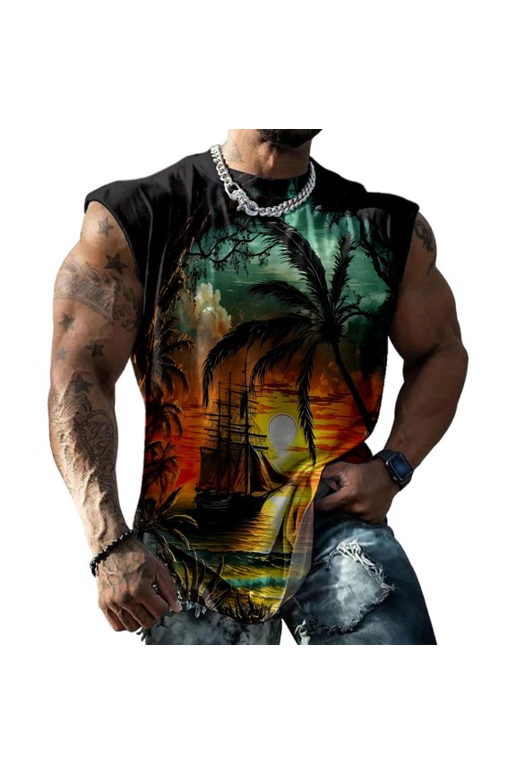 Retro Tank Top Men Crew Neck Sailing Retro Muscle Tank Tops Summer Sleeveless Shirts for Beach