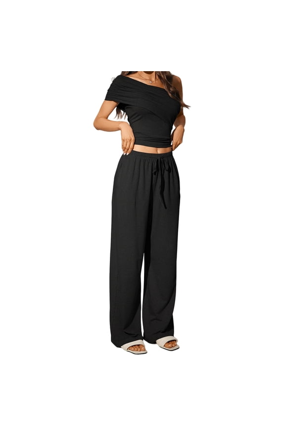 Womens 2 Piece Lounge Set Off Shoulder Short Sleeve Tops High Waisted Wide Leg Pants Tracksuit Set for Travel