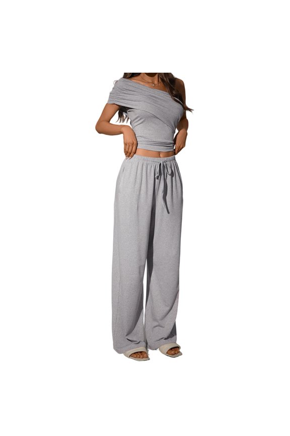 Womens 2 Piece Lounge Set Off Shoulder Short Sleeve Tops High Waisted Wide Leg Pants Tracksuit Set for Travel