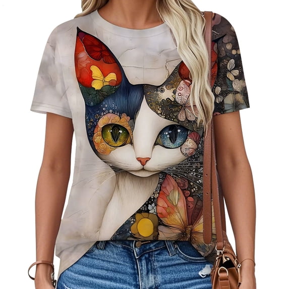 jowamay Womens Cat T Shirts Crew Neck Vintage Graphic Tees Short Sleeve Summer Cute Tops for Dating Daily Wear