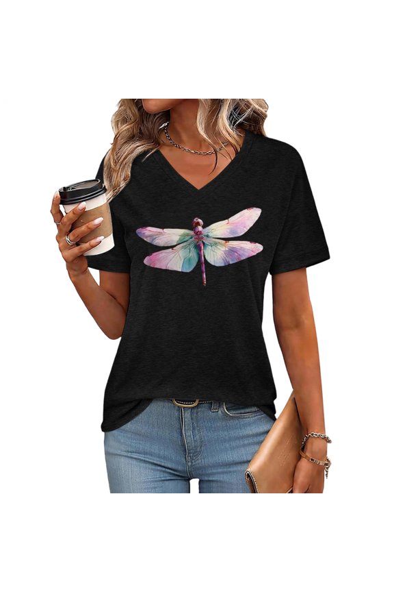 Womens Dragonfly T Shirt V Neck Short Sleeve Spring Summer Graphic Tees Regular Fit Basic Tops for Leisure