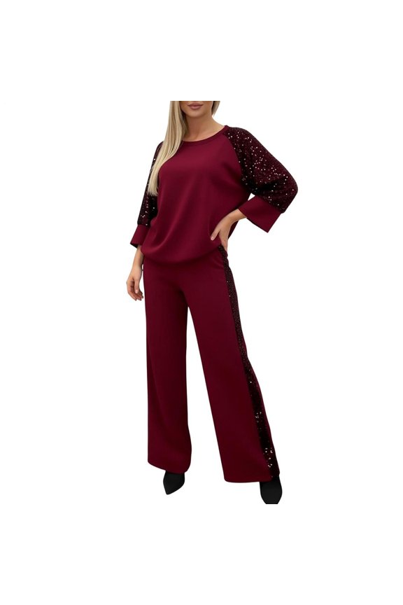 Womens Sweat Set 2 Piece Sequin Sparkly Tracksuit Outfit Casual Sweatshirt and Sweatpants for Hiking Travel