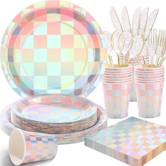 joy akkess 175PCS Pastel Party Supplies, AFN1Pastel Party Paper Plates Serves 25,Disposable Iridescent Rainbow Paper Plates for Pastel Party Decorations, Birthday,Wedding,Baby Shower, 9