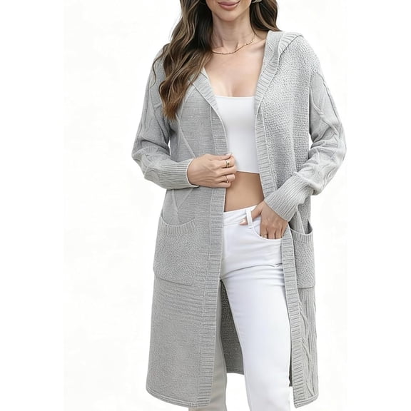 joyinspring Women's Cable Cardigan Long Sweater - Solid Color Knit Hooded with Pockets - Fall/Winter Long Sleeve Jacket 2028