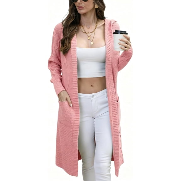 joyinspring Women's Cable Cardigan Long Sweater - Solid Color Knit Hooded with Pockets - Fall/Winter Long Sleeve Jacket 2031