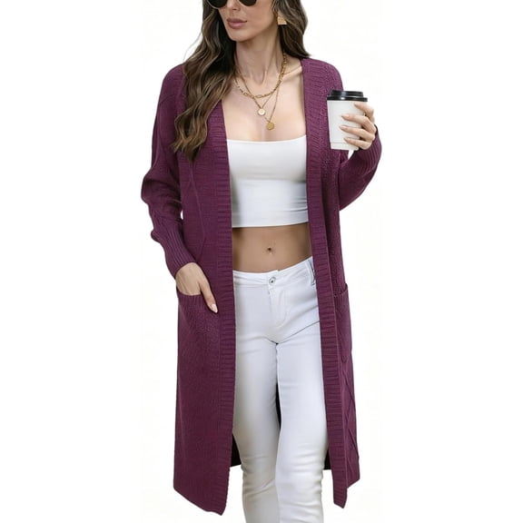 joyinspring Women's Cable Cardigan Long Sweater - Solid Color Knit Hooded with Pockets - Fall/Winter Long Sleeve Jacket 2033