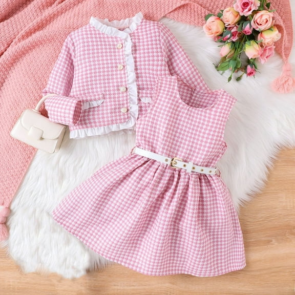 jsaierl 2Pcs Toddler Baby Girls Kid Long Sleeve Plaid Cardigan Coat Outwear and Plaid Dress A-Line Tank Dresses Princess Party Formal Outfits 4T-7T