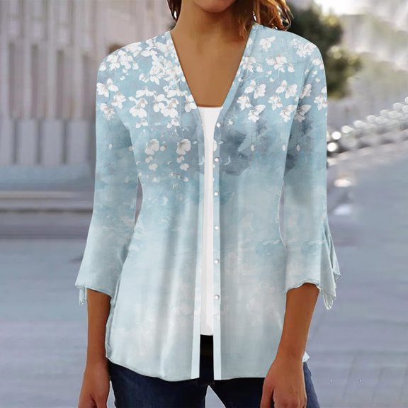 Jsaierl 3/4 Sleeve Cardigan for Women Lightweight Buttons Floral Print Shrugs Tops Casual Comfy Open Front Blouse Cardigans