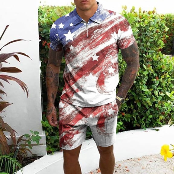 jsaierl 4th of July Outfits Men 2 Piece Patriotic American Flag Print Tees Trendy Crewneck Top and Muscle Drawstring Shorts Sets Track Suits