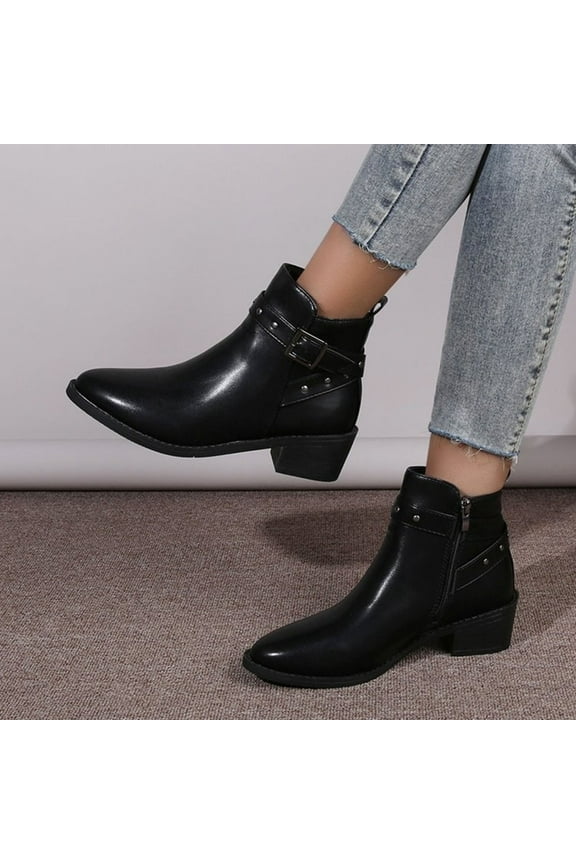 Ankle Boots for Women with Heel,Fall Winter Pointed Toe Dress Booties,Comfy Short Boots Leather Zipper Up Stacked Chunky Block Heels Shoes