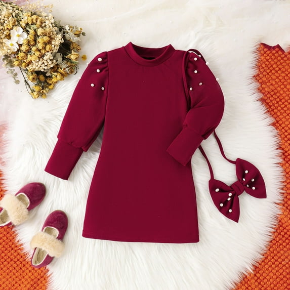 jsaierl Baby Toddler Girls Red Princess Dress Winter Red Round Neck Bubble Sleeve Pearl Embellished Dress And Bowknot Bag 4~7 Years Old 4T-7T