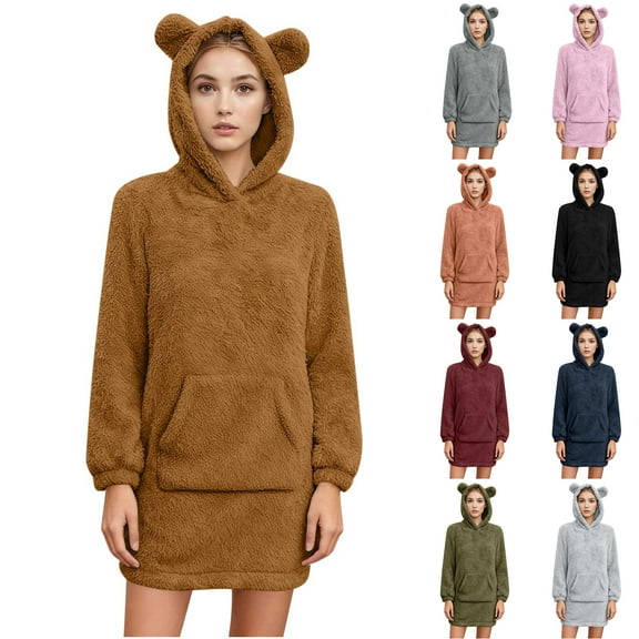 jsaierl Bear Ear Hoodies for Women Sherpa Cute Sweatshirt Dress Casual Long Sleeve Plush Warm Pullover Fleece Fuzzy Long Sweatshirts with Pocket